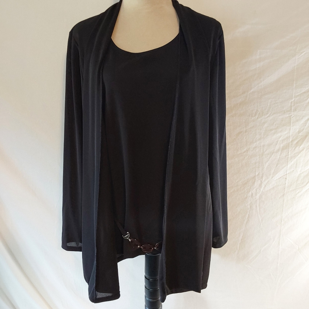 Vintage IBI One Piece Black Cardigan Top Adorned with Amber Style Belt Size XL
